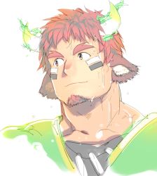 Rule 34 | 1boy, 3d, american football uniform, animal ears, bara, brown eyes, brown hair, cow ears, cow horns, cropped shoulders, doosoo, facial hair, feather necklace, fiery horns, forked eyebrows, glowing horns, goatee, horns, jewelry, looking to the side, male focus, muscular, muscular male, necklace, portrait, short hair, smile, solo, spiked hair, sportswear, sweat, thick eyebrows, tokyo houkago summoners, upper body, wakan tanka