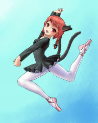 Rule 34 | 1girl, :d, alternate costume, animal ears, bad hands, ballerina, ballet, ballet slippers, black bow, blue background, bow, braid, breasts, cat ears, cat tail, full body, gradient background, hair bow, hair ribbon, highres, kaenbyou rin, leg up, leotard, long hair, long sleeves, looking at viewer, multiple tails, nekomata, open mouth, pantyhose, petticoat, pink footwear, red eyes, red hair, ribbon, simple background, small breasts, smile, solo, tail, touhou, tress ribbon, tutu, twin braids, twintails, two tails, usui ou, white pantyhose