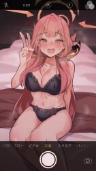 Rule 34 | 1girl, :d, absurdres, aru (blue archive), bed, bed sheet, black bra, black panties, blue archive, blush, bra, breasts, censored, demon horns, halo, highres, horns, identity censor, large breasts, long hair, looking at viewer, momonosuke (u-ma991028), navel, on bed, open mouth, panties, pink hair, recording, sitting, smile, solo, underwear, underwear only, v, very long hair, yellow eyes