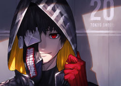 Rule 34 | 1boy, absurdres, black hair, commentary request, copyright name, eyepatch, gloves, highres, jacket, kamonegi (meisou1998), kaneki ken, looking at viewer, male focus, mask, mouth mask, one eye covered, portrait, red eyes, red gloves, short hair, smile, solo, tokyo ghoul