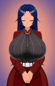 Rule 34 | 1girl, akiranime, animated, black hair, bouncing breasts, breasts, breasts out, commission, flashing, formal, gradient background, huge breasts, jacket, jiggle, long hair, nipples, red eyes, smile, solo, standing, suit, tagme, video, wide hips