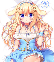 Rule 34 | 1girl, :o, ?, animal ears, bed sheet, blonde hair, blue ribbon, blue skirt, blush, bow, clothes lift, collarbone, commentary request, detached sleeves, frilled skirt, frills, hair between eyes, hair bow, hair ornament, hand up, long hair, lying, maid, maid headdress, neck ribbon, on back, original, panties, parted lips, puffy short sleeves, puffy sleeves, purple eyes, rabbit, rabbit ears, ribbon, sasai saji, short sleeves, sidelocks, skirt, skirt lift, sleeveless, solo, spoken question mark, underwear, very long hair, white bow, white panties, white sleeves, wrist cuffs, x hair ornament