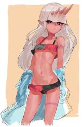 Rule 34 | 1girl, bad id, bad twitter id, bikini, blunt bangs, breasts, bright pupils, contrapposto, dark-skinned female, dark skin, frilled bikini, frills, grey hair, horns, long hair, looking at viewer, multicolored bikini, multicolored clothes, multiple horns, navel, off shoulder, oni, oni horns, orange background, original, pointy ears, purple eyes, simple background, small breasts, solo, standing, suisogenshi, swimsuit, undressing