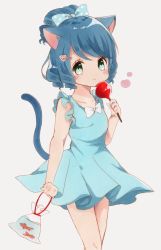 Rule 34 | 10s, 1girl, :3, animal ears, bad id, bad pixiv id, blue dress, blue hair, blush, bow, candy apple, cat ears, cat girl, cat tail, cyan (show by rock!!), dress, fish, food, goldfish, green eyes, hair bow, hair ornament, hairclip, highres, short ponytail, show by rock!!, simple background, solo, tail, traditional media, yuma (mron 322)