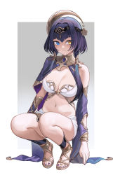 Rule 34 | 1girl, absurdres, blue eyes, breasts, candace (genshin impact), cleavage, closed mouth, crop top, full body, genshin impact, hair ornament, heterochromia, highres, jewelry, large breasts, long hair, long sleeves, nagata gata, nail polish, navel, purple hair, purple nails, sandals, sideways glance, single bare shoulder, solo, squatting, stomach, toe ring, toenail polish, toenails, twintails, yellow eyes
