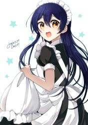 Rule 34 | 1girl, alternate costume, apron, apron lift, blue hair, blush, clothes lift, dated, enmaided, frills, hair between eyes, highres, long hair, looking at viewer, love live!, love live! school idol project, maid, maid apron, maid headdress, misoradeko, open mouth, raised eyebrows, short sleeves, simple background, skirt, solo, sonoda umi, yellow eyes