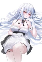 Rule 34 | 1girl, alternate hair length, alternate hairstyle, apron, azur lane, bare shoulders, blush, breasts, bright pupils, chabi, cleavage, closed mouth, collarbone, commentary request, frilled apron, frills, garter straps, gloves, hair between eyes, highres, knee up, korean commentary, large breasts, looking at viewer, lying, maid, maid apron, maid headdress, on back, red eyes, simple background, sirius (azur lane), solo, thighhighs, white apron, white background, white garter straps, white gloves, white headdress, white pupils, white thighhighs