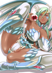 Rule 34 | 10s, 1girl, 2012, breasts, dark skin, dark-skinned female, dragon girl, dragon horns, dragon wings, eyeshadow, fangs, green hair, holding, horns, large breasts, long hair, lying, makeup, monster girl, on side, open mouth, partially visible vulva, pierre norano, solo, spread legs, wings
