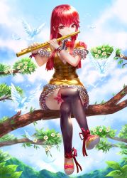 Rule 34 | 1girl, bird, black thighhighs, branch, cloud, crossed legs, day, feathers, flower, flute, full body, in tree, instrument, kfr, long hair, md5 mismatch, music, necktie, original, outdoors, playing instrument, red eyes, red hair, sandals, skirt, sky, solo, thighhighs, toeless legwear, toes, tree, vest