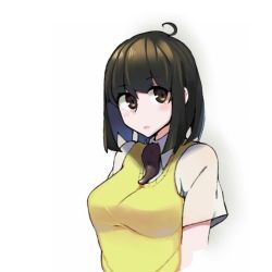 Rule 34 | 1girl, ahoge, blush, breasts, brown eyes, brown hair, closed mouth, collared shirt, extra tongue, kion-kun, looking at viewer, medium breasts, original, shirt, short hair, short sleeves, simple background, solo, upper body, vest, white background, white shirt, wing collar, yellow vest