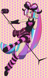 Rule 34 | 1girl, absurdres, cookie run, highres, humanization, jewelry, long hair, looking at viewer, luohe2001, makeup, microphone, multicolored hair, one eye closed, pink hair, pink skirt, shining glitter cookie, shirt, skirt, sleeveless, sleeveless shirt, solo, tattoo, two-tone hair