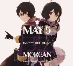 Rule 34 | 1boy, 1girl, black gloves, black hair, book, character name, closed mouth, dress, fire emblem, fire emblem awakening, fire emblem heroes, from side, gloves, happy birthday, highres, holding, holding book, hood, hood down, long sleeves, mamegohan, morgan (female) (fire emblem), morgan (fire emblem), morgan (male) (fire emblem), nintendo, short dress, short hair, simple background, smile