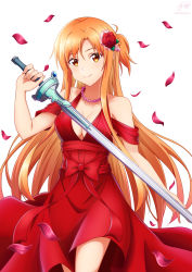 Rule 34 | 1girl, alternate costume, asuna (sao), asymmetrical bangs, braid, breasts, brown eyes, brown hair, cleavage, closed mouth, dress, falling petals, flower, french braid, hair flower, hair ornament, highres, holding, holding sword, holding weapon, jewelry, ken-ji, long dress, looking at viewer, necklace, pearl necklace, petals, rapier, red dress, red flower, red rose, rose, short ponytail, smile, solo, sword, sword art online, twitter username, weapon, white background