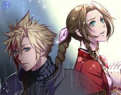 Rule 34 | 1boy, 1girl, aerith gainsborough, armor, bangle, blonde hair, blood, blood on face, blue eyes, blue shirt, bracelet, braid, braided ponytail, choker, cloud strife, crisis core final fantasy vii, dress, final fantasy, final fantasy vii, green eyes, hair between eyes, hair ribbon, halu-ca, highres, jacket, jewelry, long hair, looking ahead, looking up, own hands clasped, own hands together, parted bangs, parted lips, pink dress, pink ribbon, rain, red jacket, ribbon, shirt, short hair, shoulder armor, sidelocks, signature, spiked hair, square enix, suspenders, turtleneck, upper body, wet