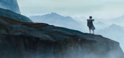 Rule 34 | backpack, bag, black hair, cliff, cloud, cloudy sky, commentary request, day, facing away, from behind, grey sky, izna (iznatic), long sleeves, mountain, original, outdoors, overcast, scenery, sky, standing
