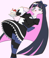 Rule 34 | 1girl, aqua eyes, bad id, bad pixiv id, black dress, black hair, blunt bangs, bow, breasts, cake, dress, eating, food, fork, fruit, hair bow, highres, holding, holding fork, holding plate, kona ming, long hair, long sleeves, medium breasts, multicolored hair, open mouth, panty &amp; stocking with garterbelt, pantyhose, pink background, pink hair, plate, simple background, solo, stocking (psg), strawberry, striped clothes, striped pantyhose, two-tone hair, white background