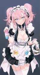 Rule 34 | 1girl, apron, black dress, blush, breasts, cleavage, controller, dress, drink, earrings, garter straps, grey eyes, highres, jewelry, large breasts, long hair, looking at viewer, maid, maid headdress, mhk (mechamania), necklace, open mouth, original, pink hair, simple background, solo, thighhighs, thighs, twintails, white apron, white thighhighs