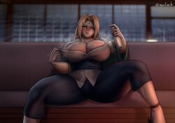 Rule 34 | 1girl, absurdres, alcohol, bare shoulders, blonde hair, blush, bottle, breasts, cleavage, cleavage cutout, clothing cutout, drunk, female focus, highres, japanese clothes, kimono, large breasts, looking at viewer, muscular legs, naruto (series), nyalinch, orange eyes, pants, removing jacket, sake, sake bottle, shoes, solo, teasing, tight clothes, tight pants, tongue, tongue out, tsunade (naruto), yukata