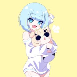 Rule 34 | 1girl, blue eyes, blue hair, cross (vgne4542), hair ornament, hairpin, highres, hug, jelly hoshiumi, phase connect, short hair, simple background, smile, solo