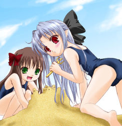 Rule 34 | 00s, 2girls, arima miyako, arm support, ass, barefoot, beach, bent over, blue hair, blush, bow, brown hair, child, cloud, day, fang, fork, green eyes, hair bow, half updo, len (tsukihime), long hair, looking back, melty blood, multiple girls, one-piece swimsuit, outdoors, pointy ears, q-gaku, red eyes, sand, sand castle, sand sculpture, school swimsuit, sky, squatting, swimsuit, tsukihime