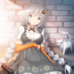 Rule 34 | 1girl, ahoge, animal, bad id, bad pixiv id, black bow, blue eyes, bow, braid, breasts, brick wall, cat, closed mouth, dress, elbow gloves, fingerless gloves, gloves, grey dress, grey hair, hair ornament, head tilt, kizuna akari, long hair, looking at viewer, low twintails, medium breasts, murano, orange gloves, puffy short sleeves, puffy sleeves, shirt, short sleeves, smile, solo, star (symbol), striped bow, striped clothes, striped gloves, twin braids, twintails, vertical-striped clothes, vertical-striped gloves, very long hair, voiceroid, white cat, white shirt