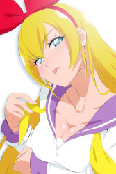 Rule 34 | 1girl, blonde hair, blue eyes, bow, bow hairband, breasts, cleavage, collarbone, dokidoki! precure, fuchi (nightmare), hair bow, hairband, highres, huge bow, large breasts, long hair, neckerchief, oogai daiichi middle school uniform, precure, purple sailor collar, red bow, regina (dokidoki! precure), sailor collar, school uniform, simple background, smile, solo, tongue, tongue out, upper body, white background, yellow neckerchief