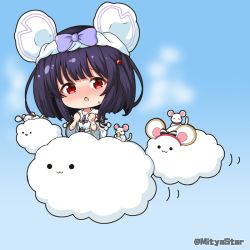 Rule 34 | 1girl, :3, :o, animal, animal ears, black hair, blue background, blush, bow, chibi, closed mouth, cloud, commentary request, dress, granblue fantasy, hands up, long sleeves, looking at viewer, mitya, mouse (animal), mouse ears, nose blush, parted lips, purple bow, red eyes, solid circle eyes, solo, sweat, twitter username, vikala (granblue fantasy), white dress, wide sleeves
