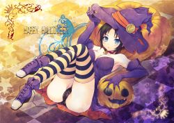 Rule 34 | 1girl, ass, atlus, bad id, bad pixiv id, bare shoulders, black hair, black panties, blue eyes, blush, breasts, cleavage, collar, covered erect nipples, crossed legs, dress, elbow gloves, gloves, halloween, happy halloween, hat, highres, jack-o&#039;-lantern, knees to chest, large breasts, legs, looking at viewer, lying, marie (persona 4), on back, panties, pantyshot, persona, persona 4, persona 4 the golden, print panties, pumpkin, short hair, sitting, skirt, solo, star (symbol), star print, striped clothes, striped thighhighs, thighhighs, underwear, upskirt, witch hat, yumegi (mg.)