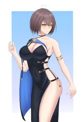 Rule 34 | 1girl, absurdres, armlet, asymmetrical clothes, azur lane, baltimore (azur lane), baltimore (evening breeze minuet) (azur lane), black cape, black dress, blue cape, braid, breasts, brown hair, cape, cleavage, dress, eeyoosekedooaat, evening gown, hair between eyes, highres, large breasts, looking at viewer, side slit, single bare shoulder, solo, two-tone cape, yellow eyes