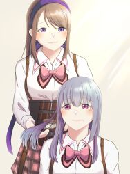 Rule 34 | 2girls, arms at sides, assault lily, behind another, blush, bow, bowtie, brown background, brushing another&#039;s hair, brushing hair, closed mouth, collared shirt, commentary, corset, cowboy shot, fukuyama jeanne sachie, gradient background, grey hair, hair brush, hair ribbon, hairband, highres, holding, holding another&#039;s hair, holding brush, kishimoto maria mirai, long hair, long sleeves, looking at another, looking down, looking up, ludvico private girls&#039; academy school uniform, mimura (eh mi0), mole, mole under mouth, multiple girls, pink bow, pink bowtie, pink eyes, pink skirt, plaid, plaid skirt, purple eyes, purple hairband, purple ribbon, ribbon, school uniform, shirt, sidelocks, skirt, smile, standing, sunlight, suspenders, swept bangs, underbust, white shirt
