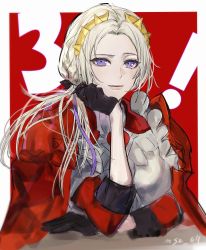 Rule 34 | 1girl, blush, breasts, cape, closed mouth, edelgard von hresvelg, fire emblem, fire emblem: three houses, fire emblem warriors: three hopes, gloves, hair ornament, hair ribbon, highres, jewelry, long hair, long sleeves, looking at viewer, mr (mst 011), nintendo, official alternate costume, official alternate hairstyle, purple eyes, red cape, ribbon, simple background, smile, solo, uniform, white hair