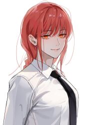 Rule 34 | 1girl, 41097772s, black necktie, braid, braided ponytail, chainsaw man, collared shirt, commentary request, highres, korean commentary, light smile, long hair, looking at viewer, makima (chainsaw man), necktie, orange eyes, red hair, ringed eyes, shirt, sidelocks, simple background, solo, white background, white shirt, wing collar