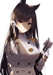 Rule 34 | 1girl, aiguillette, animal ears, arm behind back, atago (azur lane), azur lane, black hair, breasts, brown eyes, closed mouth, commentary request, gloves, hair ribbon, highres, kisui (28992125), large breasts, light, long hair, long sleeves, looking at viewer, military, military uniform, mole, mole under eye, ribbon, sheath, sheathed, simple background, smile, solo, swept bangs, sword, uniform, upper body, weapon, white background, white gloves, white ribbon