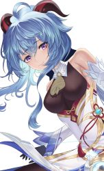Rule 34 | 1girl, ahoge, amos&#039; bow (genshin impact), bare shoulders, bell, black gloves, blue hair, blush, bodystocking, bow (weapon), breasts, chinese knot, detached sleeves, flower knot, ganyu (genshin impact), genshin impact, gloves, highres, holding, holding bow (weapon), holding weapon, horns, its2h35, light smile, long hair, looking at viewer, medium breasts, neck bell, purple eyes, red rope, rope, sidelocks, solo, upper body, vision (genshin impact), weapon, white background, white sleeves