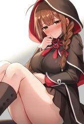 Rule 34 | 1girl, ahoge, blush, boots, braid, breasts, brown eyes, capelet, closed mouth, hair ribbon, highres, hood, hood up, hooded capelet, kantai collection, large breasts, long hair, long sleeves, pleated skirt, red neckwear, ribbon, senbei (senbe i), shinshuu maru (kancolle), simple background, sitting, skirt, solo, sweat, thighs, twin braids, white background