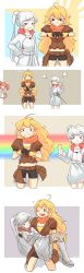 Rule 34 | !?, 3girls, 4koma, :d, ;d, absurdres, ahoge, belt, bike shorts, black eyes, blonde hair, blunt bangs, blush stickers, boots, carrying, clenched hand, collar, comic, commentary, crossed arms, dirty, dress, facial mark, flying sweatdrops, friedbun, hand on own hip, highres, jewelry, knee boots, long hair, looking at viewer, mud, multiple girls, navel, necklace, neon katt, one eye closed, open mouth, peeking out, pendant, ponytail, princess carry, puffy short sleeves, puffy sleeves, rwby, scar, scar across eye, scar on face, short sleeves, side ponytail, silent comic, silver hair, simple background, smile, smirk, sparkle, spoilers, standing, stitched, tail, teeth, third-party edit, two side up, very long hair, weiss schnee, white dress, yang xiao long