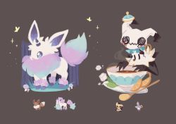 Rule 34 | bug, butterfly, charamells, creature, creatures (company), cup, eevee, flying, food, fruit, full body, fusion, galarian form, galarian ponyta, game freak, gen 1 pokemon, gen 7 pokemon, gen 8 pokemon, grey background, grey eyes, insect, mimikyu, multiple fusions, mushroom, nintendo, no humans, orange (fruit), orange slice, pokemon, pokemon (creature), polteageist, saucer, simple background, standing, steam, sugar cube, teacup, wooden spoon