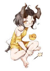 Rule 34 | 1girl, barefoot, black hair, blush, braid, braided ponytail, brown eyes, chinese commentary, commentary request, dress, feet, flying sweatdrops, full body, glasses, highres, horns, indian style, long hair, looking at viewer, original, oshin0 (zheng), rubber duck, short sleeves, single bare shoulder, sitting, soles, solo, sweatdrop, toes, very long hair, virtual youtuber, white background, white dress, wristband