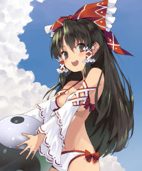 Rule 34 | 1girl, adapted costume, ball, beachball, bikini, black hair, blue sky, blush, bow, breasts, brown eyes, cloud, commentary request, day, detached sleeves, hair between eyes, hair bow, hair tubes, hakurei reimu, highres, holding, holding ball, long hair, looking at viewer, medium breasts, nuqura, open mouth, red bow, sky, solo, swimsuit, touhou, white bikini, yin yang