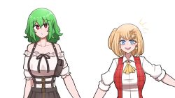 Rule 34 | 2girls, ascot, bare shoulders, black ribbon, black skirt, blonde hair, blue eyes, breasts, collarbone, collared shirt, commentary, commission, cosplay, costume switch, english commentary, frilled shirt, frills, green hair, hair ornament, holding hands, hololive, hololive english, holster, kazami yuuka, kazami yuuka (cosplay), mata (matasoup), medium breasts, multiple girls, notice lines, off-shoulder shirt, off shoulder, open clothes, open vest, plaid, plaid vest, red eyes, red vest, ribbon, shirt, short hair, side ponytail, simple background, skirt, smile, suspenders, touhou, upper body, vest, virtual youtuber, watson amelia, watson amelia (cosplay), white background, white shirt, yellow ascot, zipper, zipper pull tab, zipper skirt