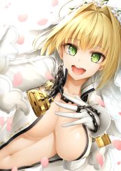 Rule 34 | 1girl, blonde hair, bodysuit, breasts, chain, commentary request, fate/grand order, fate (series), gloves, green eyes, hair intakes, kitagawa onitarou, large breasts, looking at viewer, nero claudius (bride) (fate), nero claudius (fate), nero claudius (fate) (all), open mouth, solo, white bodysuit, white gloves, zipper