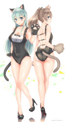 Rule 34 | 10s, 2girls, absurdres, alternate costume, animal ears, animal hands, aqua hair, artist name, ass, bare shoulders, black leotard, blue eyes, breasts, brown hair, cat ears, cat paws, cat tail, cleavage, covered navel, dated, from behind, full body, hair between eyes, high heels, highleg, highleg leotard, highres, kantai collection, kemonomimi mode, kumano (kancolle), large breasts, leotard, long hair, looking at viewer, multiple girls, open mouth, ponytail, profile, sakiryo kanna, shiny skin, signature, suzuya (kancolle), tail, tongue, tongue out, twitter username, underbust