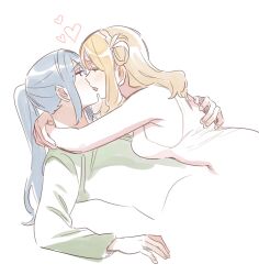 Rule 34 | 2girls, arms around neck, bare arms, blonde hair, blue hair, blush, braid, commentary request, crown braid, eye contact, green shirt, hand on another&#039;s back, heart, highres, hug, kiss, korean commentary, long hair, long sleeves, looking at another, love live!, love live! sunshine!!, lying, lying on person, matsuura kanan, multiple girls, ohara mari, on back, on stomach, pito (sh02327), ponytail, shirt, simple background, single hair ring, tank top, upper body, white background, white tank top, yuri