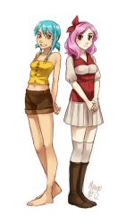 2girls bare_legs barefoot blouse blue_hair boots casual dark-skinned_female dark_skin green_eyes long_hair meago multiple_girls original pink_hair red_eyes shirt short_shorts shorts simple_background skirt standing strapless thighhighs tube_top