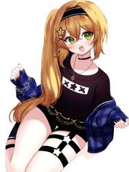 Rule 34 | 1girl, absurdres, belt, belt collar, black belt, black hairband, black nails, black shirt, black shorts, blonde hair, blue jacket, blush, bracelet, commentary, dokibird (vtuber), english commentary, fang, green eyes, hair between eyes, hair ornament, hairband, highres, indie virtual youtuber, jacket, jewelry, knees out of frame, long hair, looking at viewer, nail polish, off shoulder, open mouth, plaid, plaid jacket, seiza, shirt, shorts, side ponytail, sidelocks, simple background, sitting, skin fang, sky above me, smile, solo, star (symbol), star bracelet, star hair ornament, t-shirt, thigh belt, thigh strap, thighs, very long hair, virtual youtuber, white background