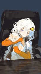 Rule 34 | 1girl, absurdres, animal, black dress, blue background, blue eyes, braid, cat, closed mouth, detached sleeves, dress, hair ornament, highres, holding, holding animal, holding cat, kabuyama kaigi, kizuna akari, long hair, looking at animal, low twin braids, orange sleeves, pinafore dress, puffy short sleeves, puffy sleeves, reflective table, short sleeves, simple background, sitting, sleeveless, sleeveless dress, smile, solo, swivel chair, table, twin braids, upper body, vocaloid, voiceroid, white hair, wooden table