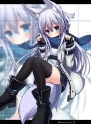 Rule 34 | 10s, 1girl, alternate costume, animal ears, black footwear, black gloves, black skirt, black thighhighs, blue eyes, blue scarf, boots, fingerless gloves, fox ears, fox tail, gloves, hibiki (kancolle), highres, jacket, kantai collection, letterboxed, long hair, long sleeves, no headwear, pleated skirt, scarf, silver hair, skirt, solo, surume aburi, tail, thighhighs, twitter username, white jacket, zoom layer