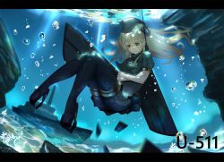 Rule 34 | 10s, 1girl, air bubble, antennae, black footwear, black hat, black jacket, black pantyhose, blonde hair, bubble, character name, closed mouth, cropped jacket, crossed arms, day, eyebrows, garrison cap, green eyes, hair between eyes, hat, highres, jacket, kantai collection, letterboxed, light rays, long hair, looking to the side, machinery, meijin93, pantyhose, sad, shipwreck, shoes, short sleeves, solo, submerged, sunlight, thigh strap, turtleneck, u-511 (kancolle), underwater, water, water surface
