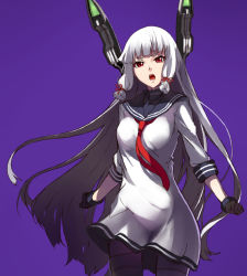Rule 34 | 1girl, :o, black gloves, black pantyhose, black undershirt, breasts, clenched hands, collarbone, covered collarbone, dress, gloves, hair ribbon, headgear, kantai collection, long hair, looking at viewer, medium breasts, murakumo (kancolle), pantyhose, purple background, red eyes, red neckwear, ribbon, sailor dress, seven (shijima), short dress, short eyebrows, sidelocks, silver hair, simple background, solo, thighband pantyhose, tress ribbon, very long hair, white dress