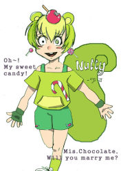 Rule 34 | 1boy, candy, english text, engrish text, food, green hair, happy tree friends, male focus, nutty (happy tree friends), ranguage, solo